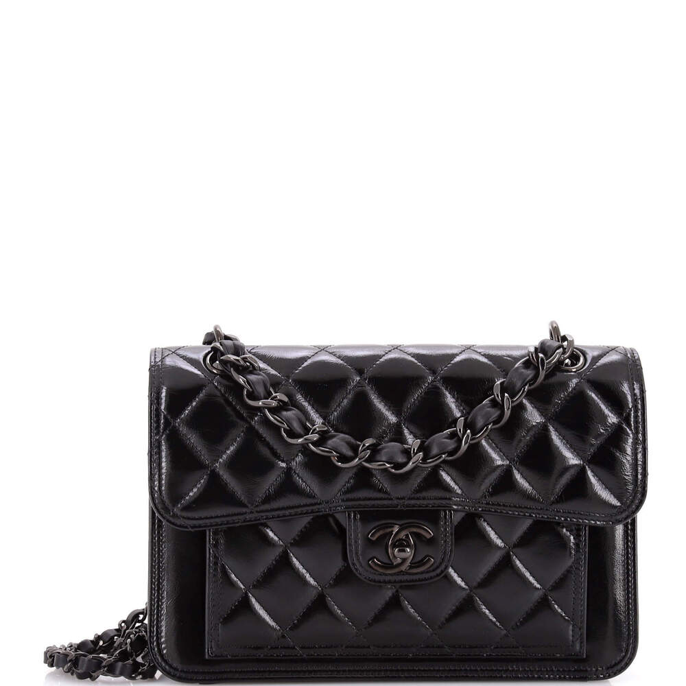 Chanel Medium So Black Double You CC Flap Bag Quilted Shiny Crumpled Calfskin